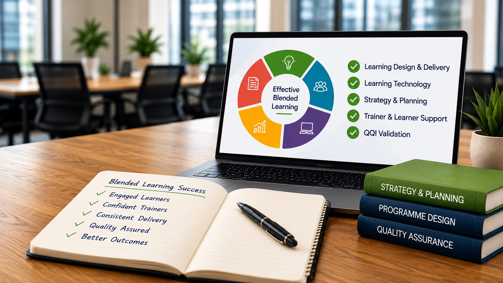 Training room with a laptop showing a QQI certification support checklist, an open notebook, pen and three books